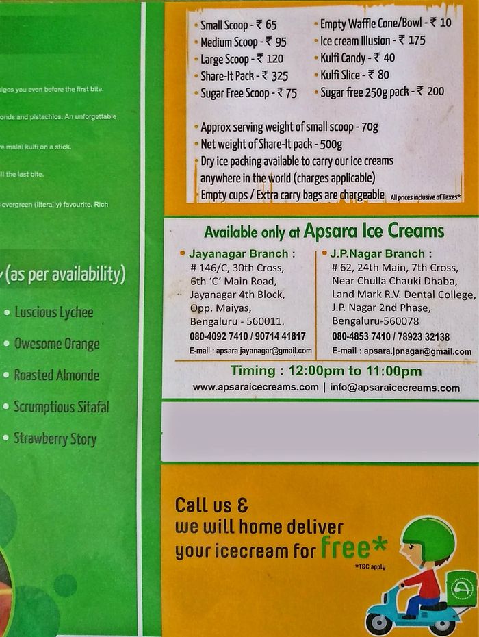 Apsara Ice Cream Menu And Price List For JP Nagar Phase 2 Bengaluru