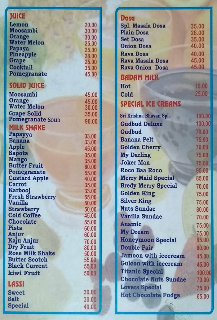 Shri Krishna Bhavan Sweets Menu And Price List For Bhoopasandra