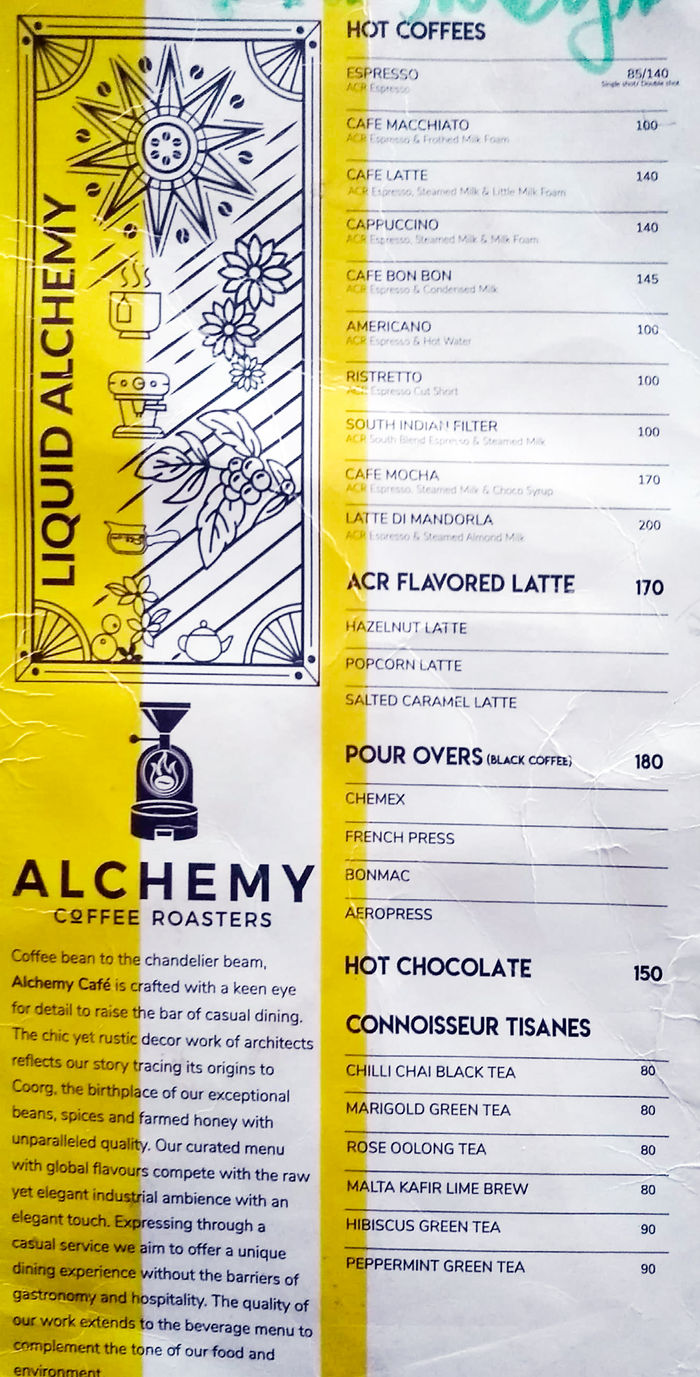 Alchemy Coffee Roasters Menu And Price List For Jayanagar Bengaluru