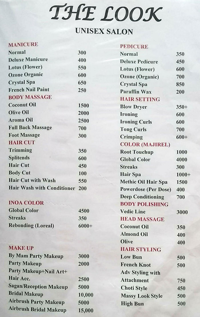 The Look Unisex Salon Menu and Price List for South City 2, Gurgaon |  