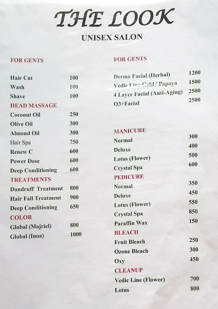 The Look Unisex Salon Menu and Price List for South City 2, Gurgaon |  