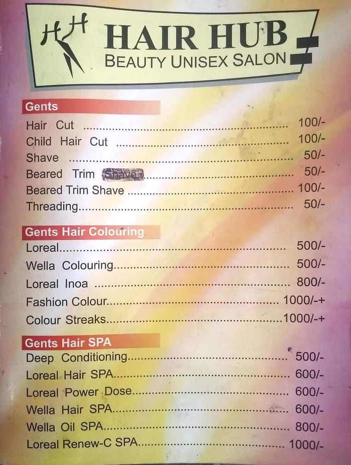 Hair Hub Menu and Price List for Janakpuri, New Delhi 