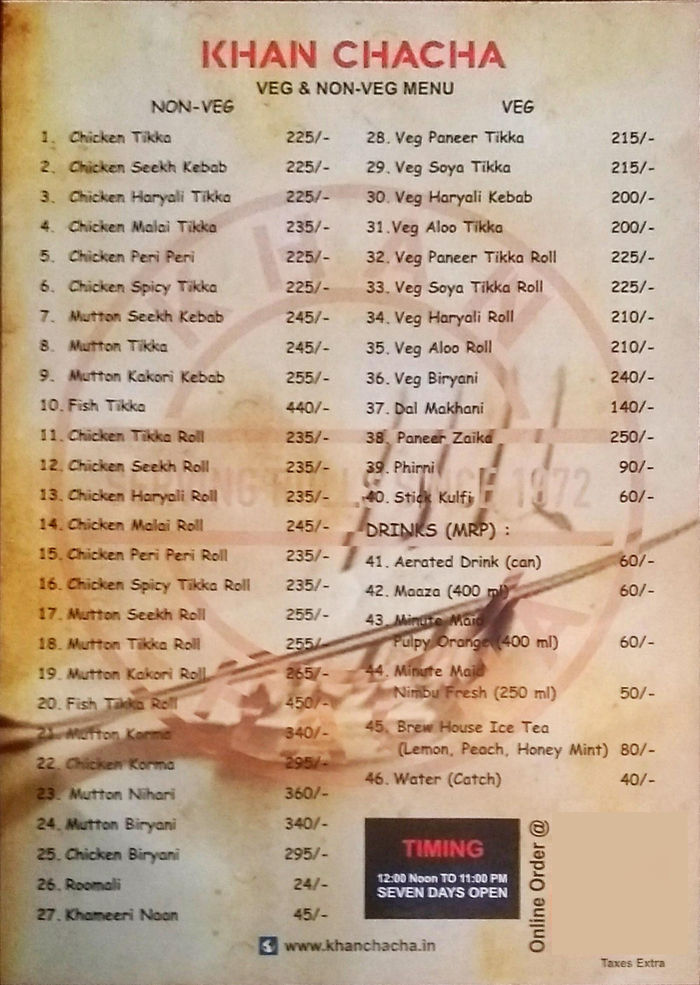 Khan Chacha Menu And Price List For Khan Market New Delhi Nearbuy Com