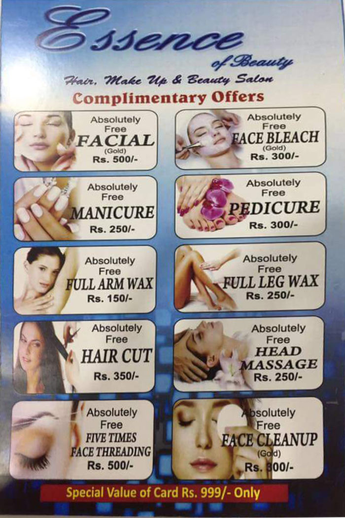 Essence of Beauty Menu and Price List for Rohini Sector 14, New Delhi