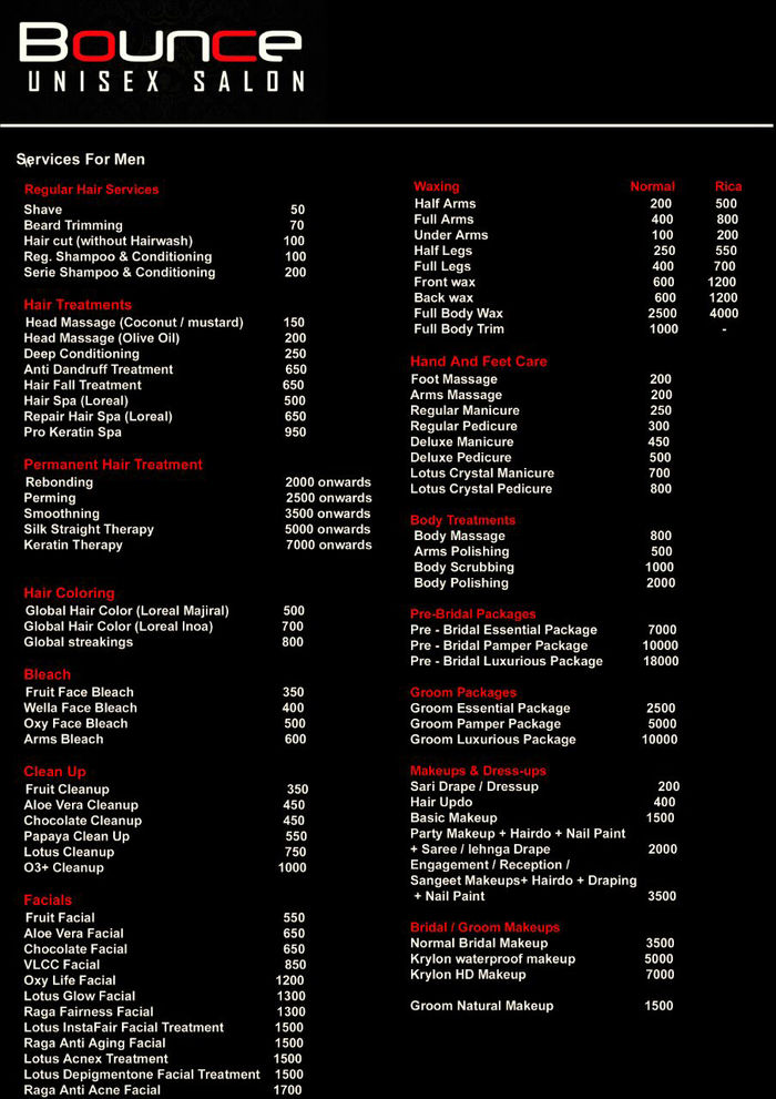 Bounce Unisex Salon Menu and Price List for Janakpuri, New Delhi |  