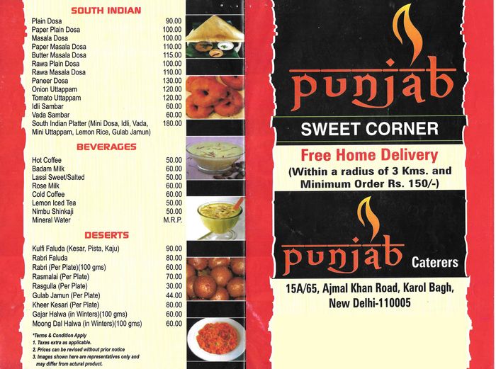 Punjab Sweet Corner Menu and Price List for Karol Bagh, New Delhi