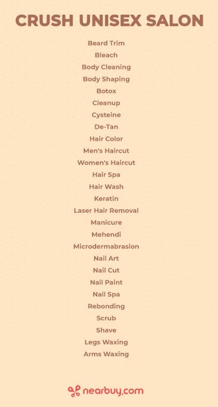 Crush Unisex Salon Menu and Price List for Sector 10A, Gurgaon Crush Unisex Salon Menu and Price List for Sector 10A, Gurgaon