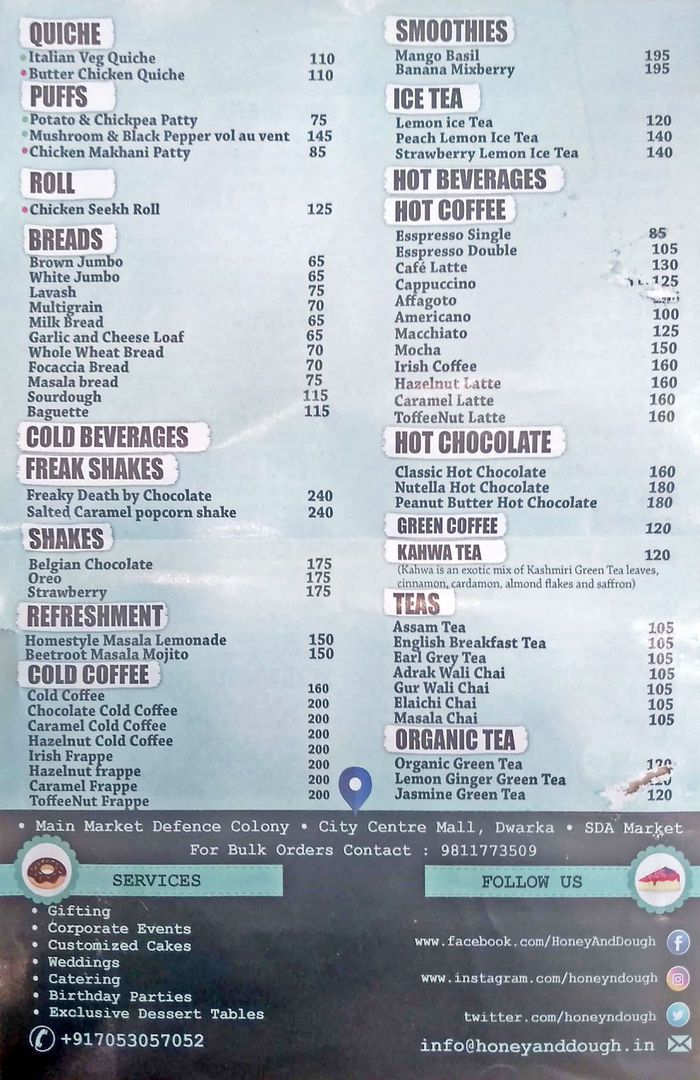 Honey & Dough Menu and Price List for Sector 12 Dwarka, New Delhi