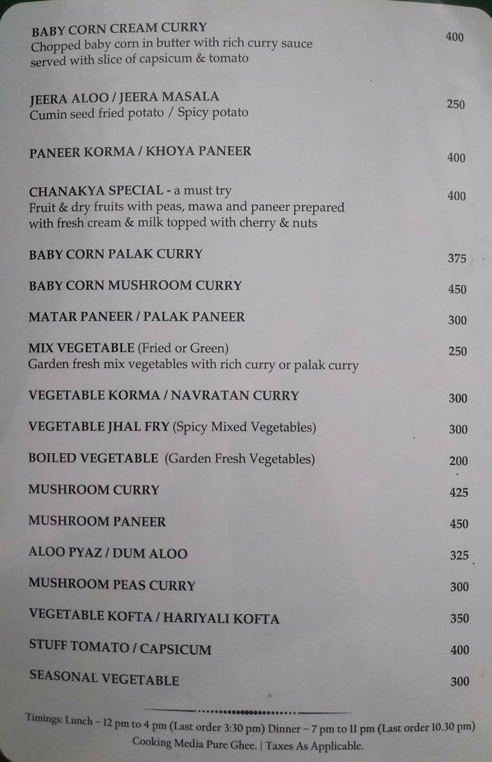 Grand Chanakya - Leisure Inn Grand Chanakya Menu and Price List for MI ...