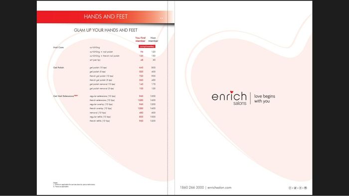 Enrich Salon Menu and Price List for Indiranagar, Bengaluru 