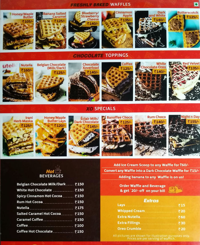 XO Belgian Waffle Menu and Price List for BTM Layout Stage 2, Bengaluru