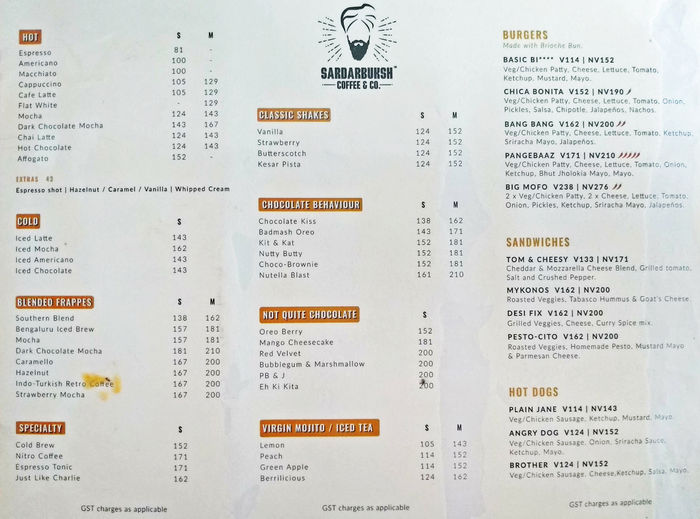 SardarJiBakhsh Coffee & Co. Menu and Price List for Rajouri Garden