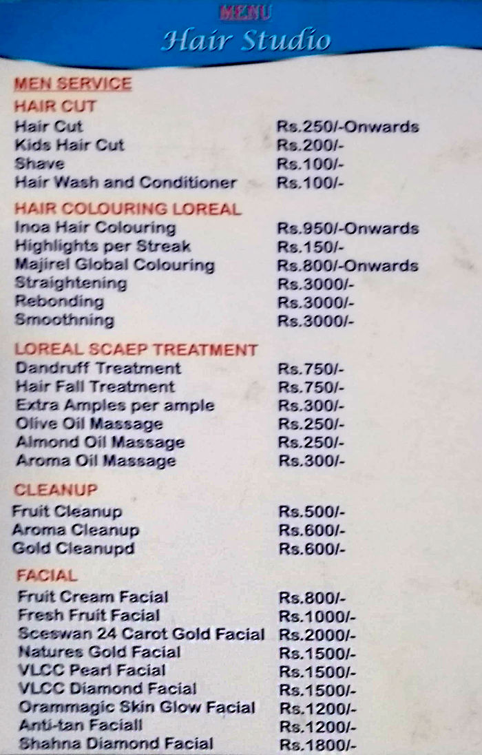 Hair Studio Unisex Beauty Saloon Menu and Price List for Marathahalli,  Bengaluru 