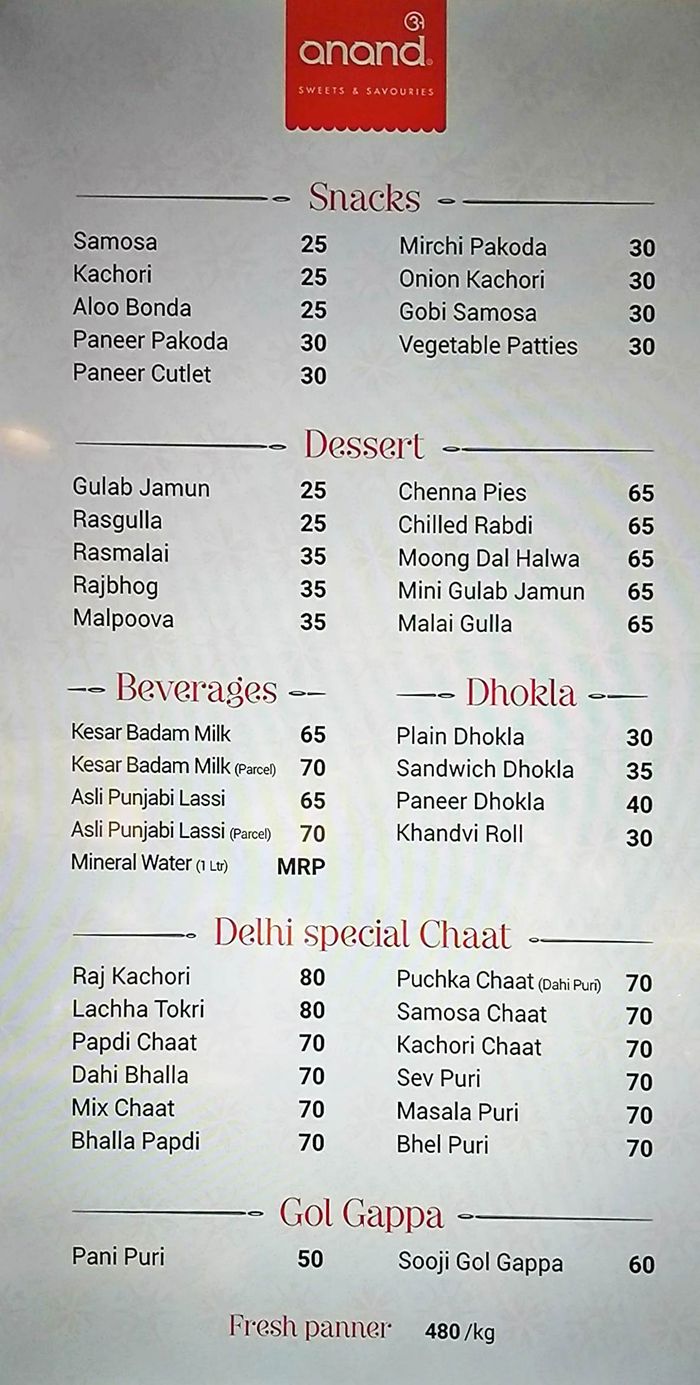 Anand Sweets and Savouries Menu and Price List for Indiranagar
