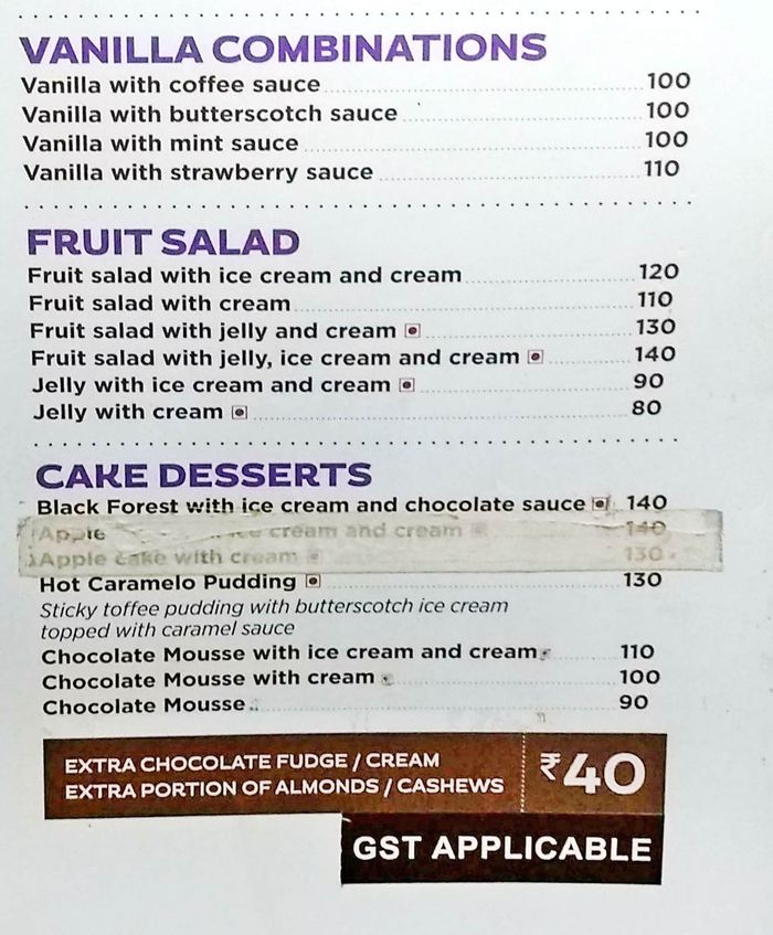 Corner House Ice Cream Menu and Price List for Indiranagar, Bengaluru