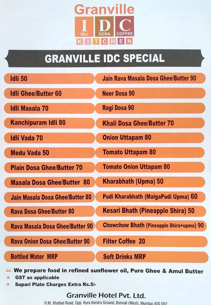 Granville IDC Menu and Price List for Borivali West, Mumbai