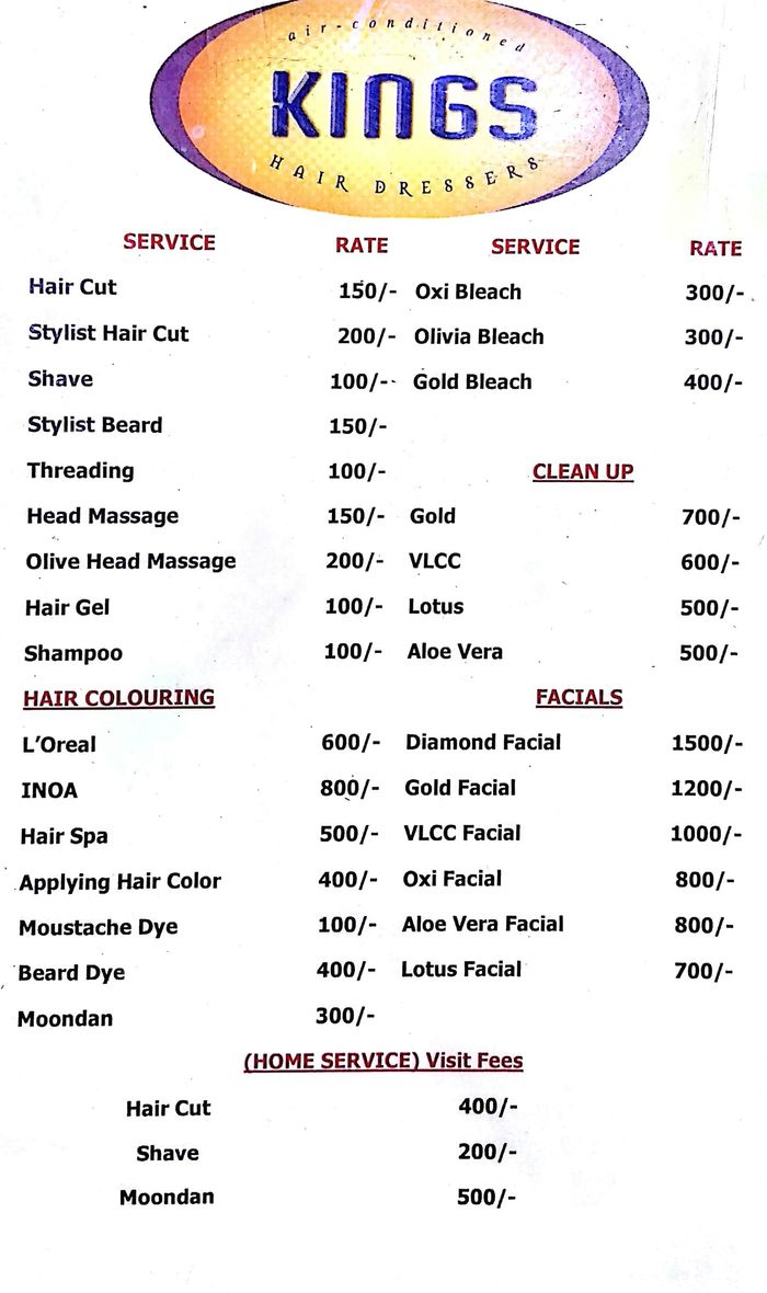 King's Salon Menu and Price List for Bandra West, Mumbai 