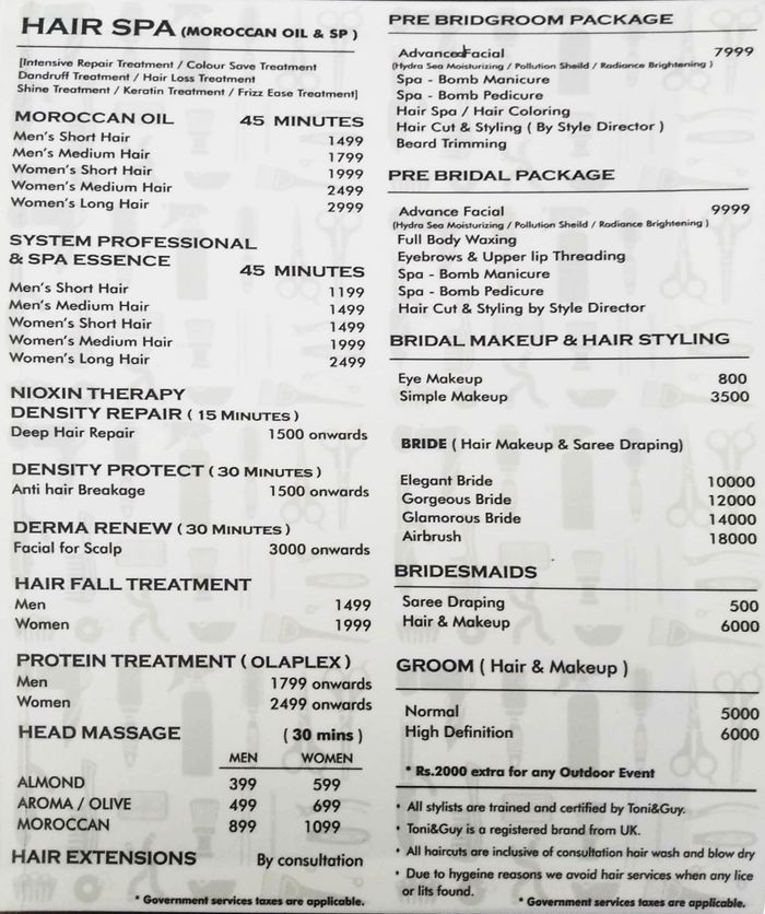 Toni Guy Menu And Price List For Sahakara Nagar Bengaluru