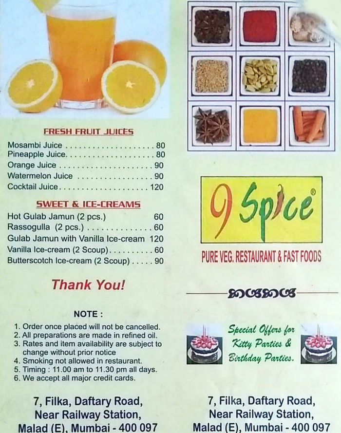 9 Spice Menu and Price List for Malad East, Mumbai