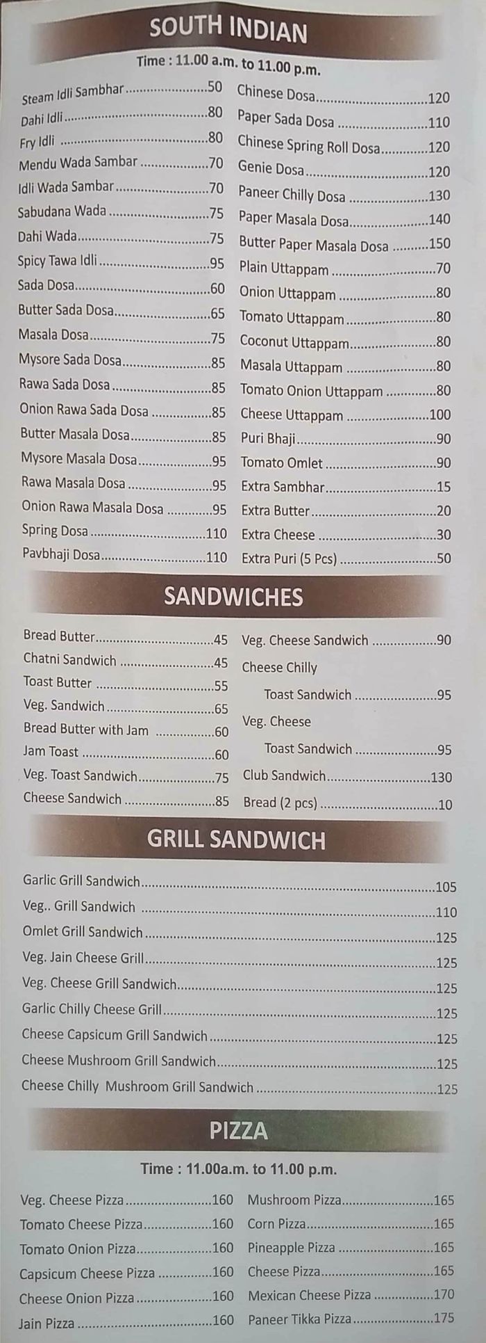 eastern express menu