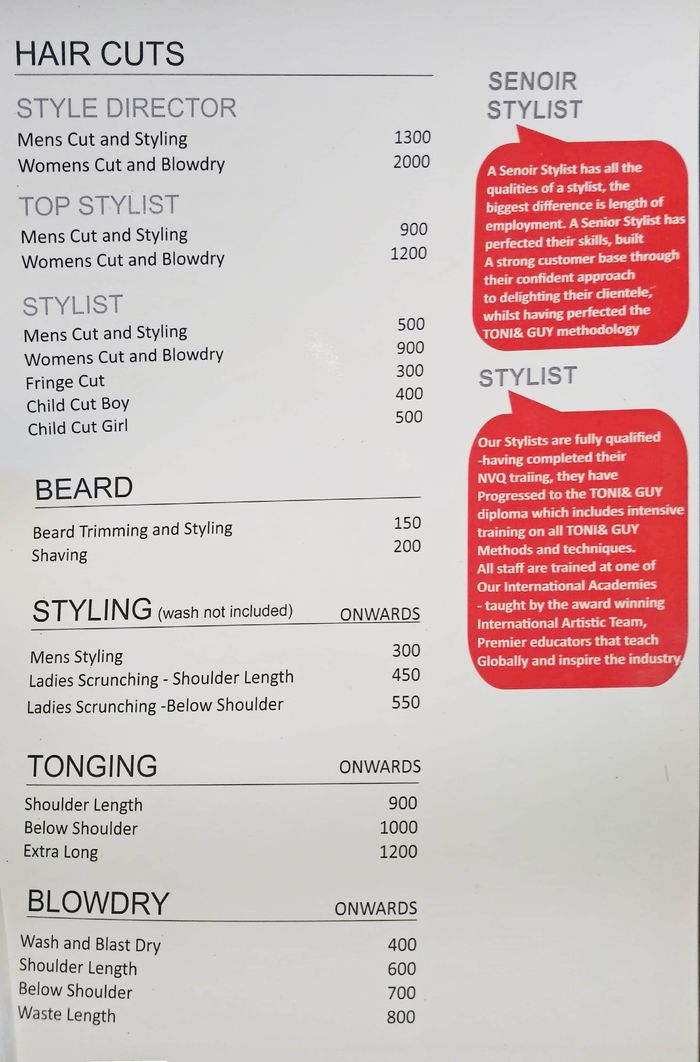 Toni & Guy Packages and Price List for RMV Stage 2, Bengaluru 