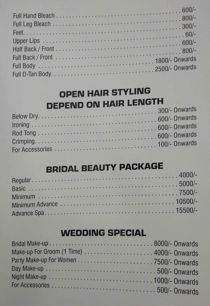 Paradise Professional Unisex Salon Menu and Price List for Andheri East,  Mumbai 