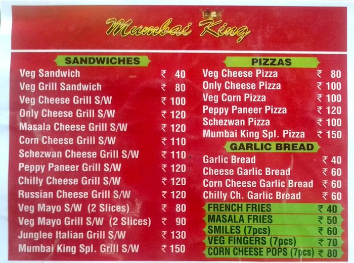 Mumbai King Menu and Price List for Borivali West, Mumbai