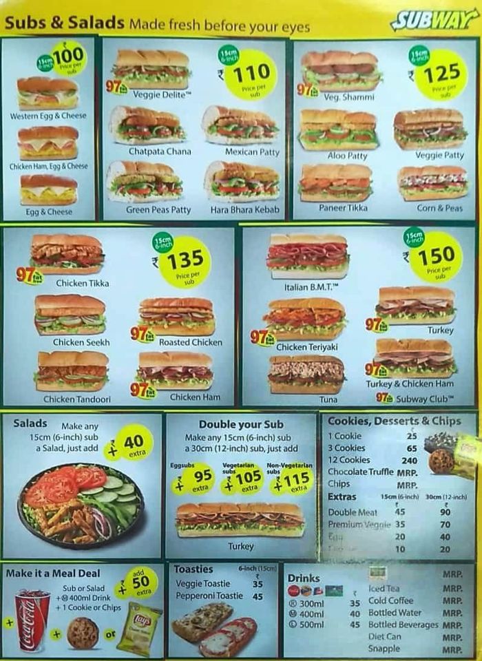 Printable Menu For Subway Restaurant