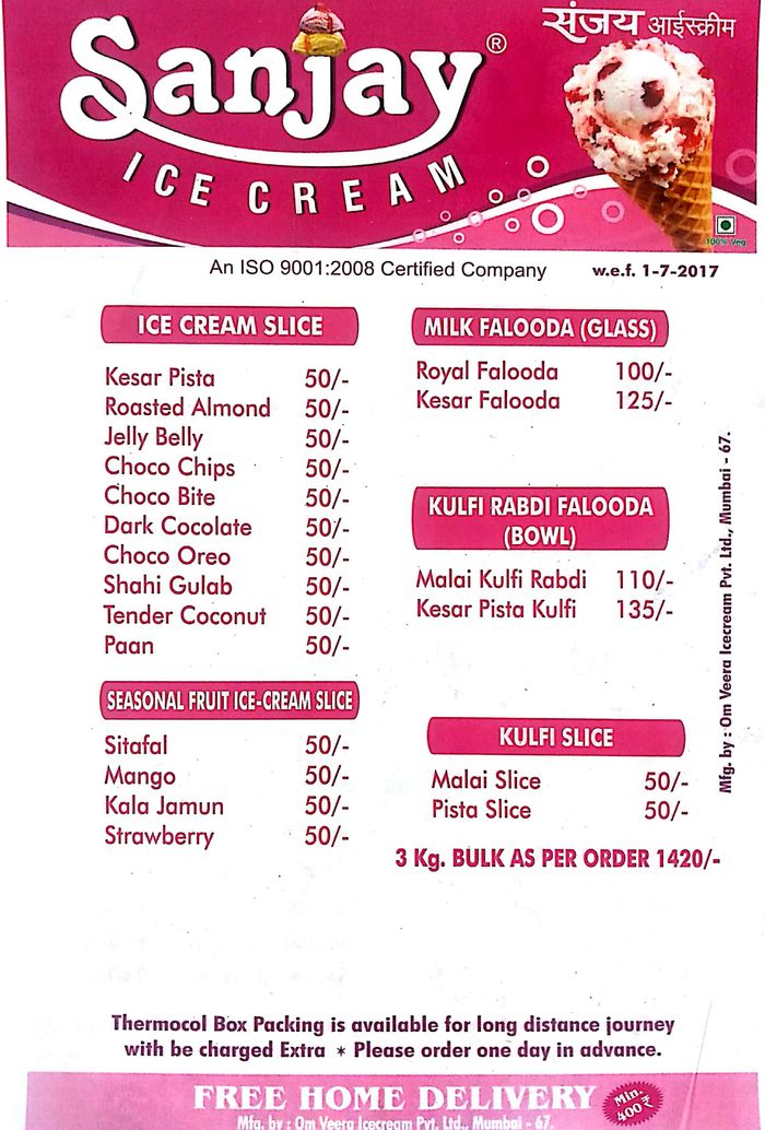 Sanjay Ice Cream Menu and Price List for Borivali West, Mumbai