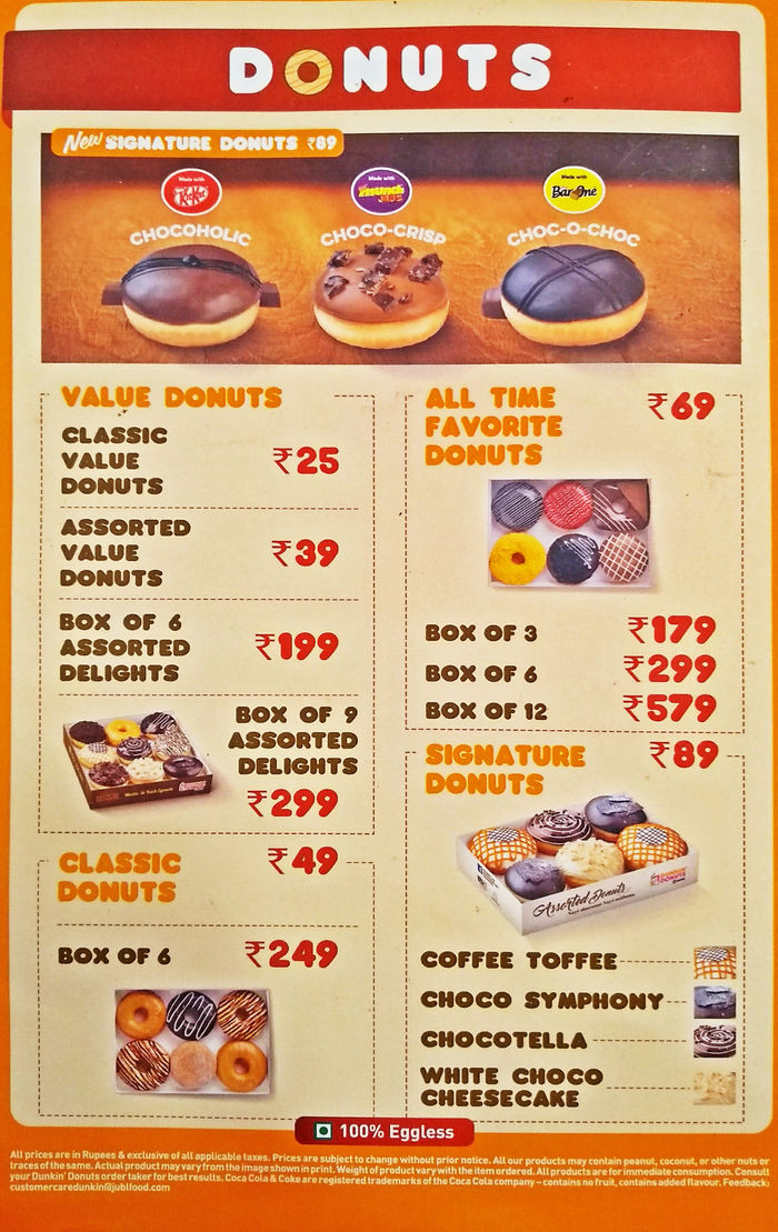 Dunkin' Donuts Menu and Price List for Central Bangalore, Bengaluru ...
