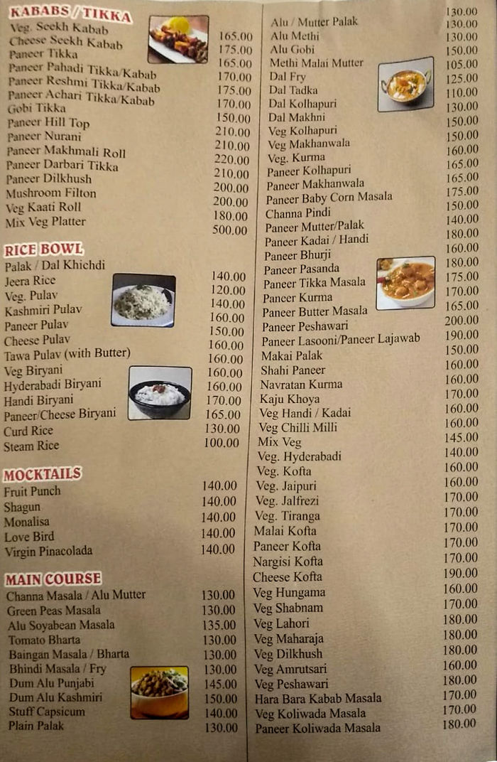 Prestige Veg Treat Menu And Price List For Andheri East, Mumbai ...