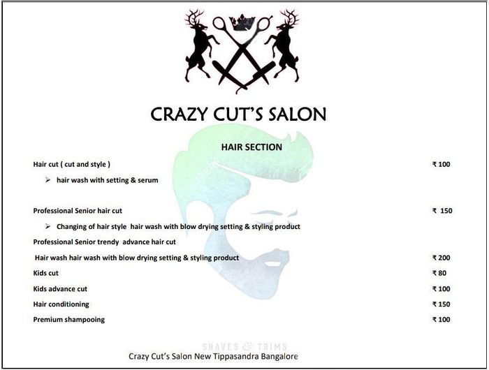 Crazy Cut's Spa & Hair Saloon Menu and Price List for New Thippasandra,  Bengaluru 