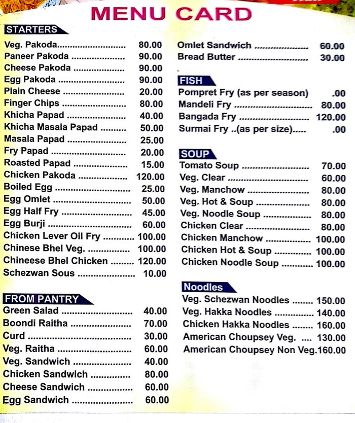 Deepak Restaurant Bar Menu And Price List For Lower Parel