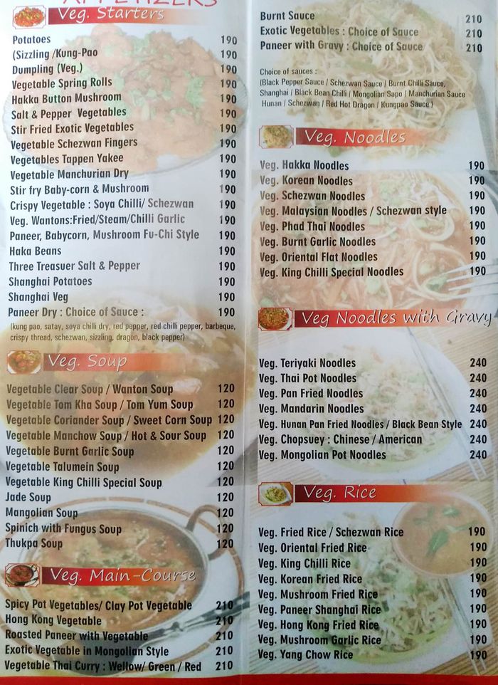 King Chilli Menu and Price List for Andheri East, Mumbai
