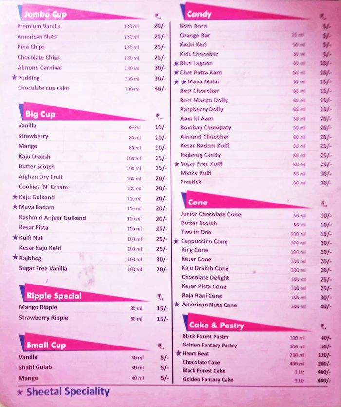 Sheetal Ice Cream Menu and Price List for Kandivali West, Mumbai
