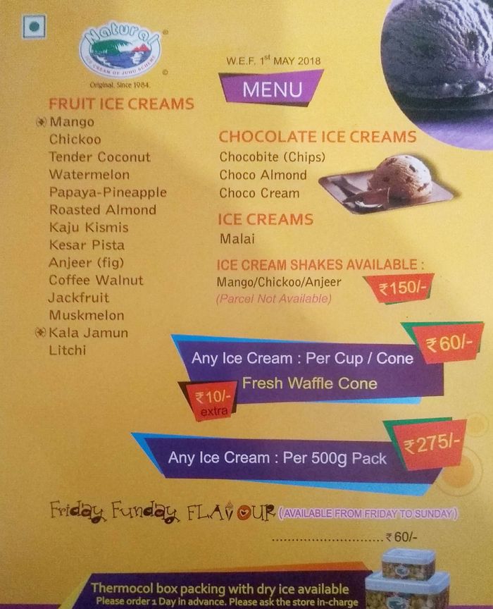 Natural Ice Cream Menu And Price List For Andheri West, Mumbai ...