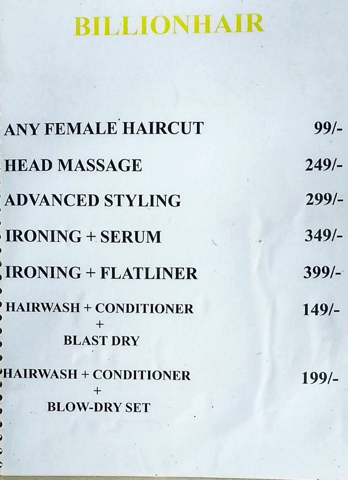 Billionhair Unisex Salon Menu and Price List for Dahisar West, Mumbai |  
