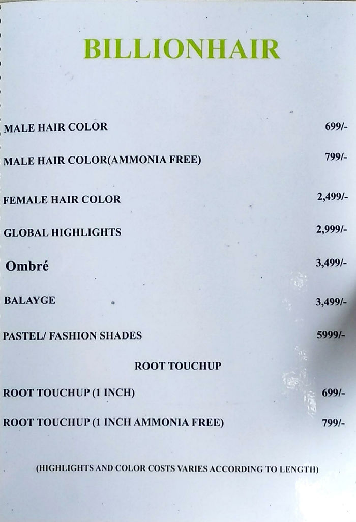 Billionhair Unisex Salon Menu and Price List for Dahisar West, Mumbai | Billionhair Unisex Salon Menu and Price List for Dahisar West, Mumbai |