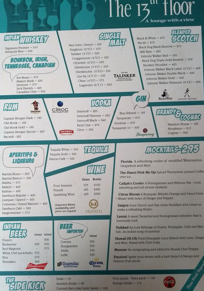 The 13th Floor Menu And Price List For Central Bangalore