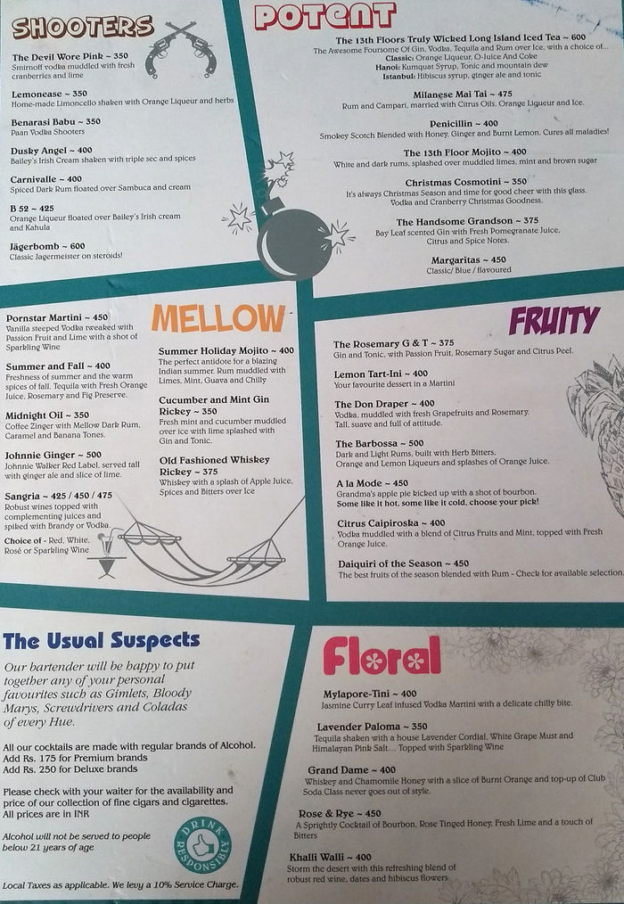 The 13th Floor Menu And Price List For Central Bangalore