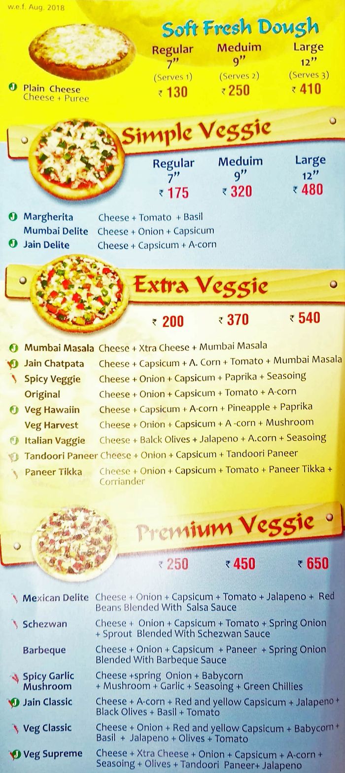 Pizzas Etc Menu and Price List for Ghatkopar East, Mumbai
