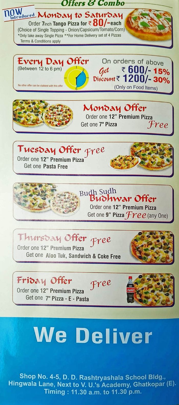 Pizzas Etc Menu and Price List for Ghatkopar East, Mumbai