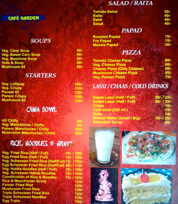 Cafe Garden Menu and Price List for Jogeshwari East, Mumbai