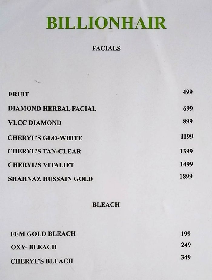 Billionhair Unisex Salon Menu and Price List for Dahisar West, Mumbai |  