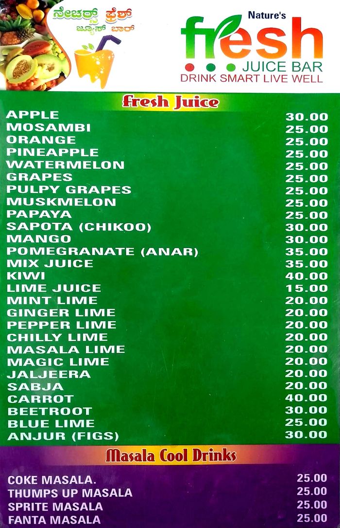 Nature's Fresh Juice Bar Menu and Price List for Kumaraswamy Layout