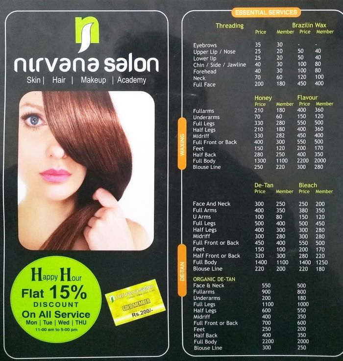 Nirvana Salon And Spa Menu and Price List for Doddathoguru, Bengaluru | Nirvana Salon And Spa Menu and Price List for Doddathoguru, Bengaluru |