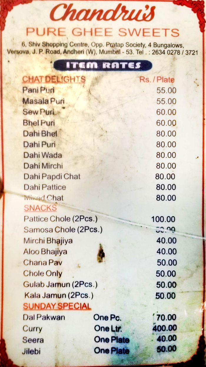 Chandru's Pure Ghee Sweets Menu and Price List for Andheri West, Mumbai