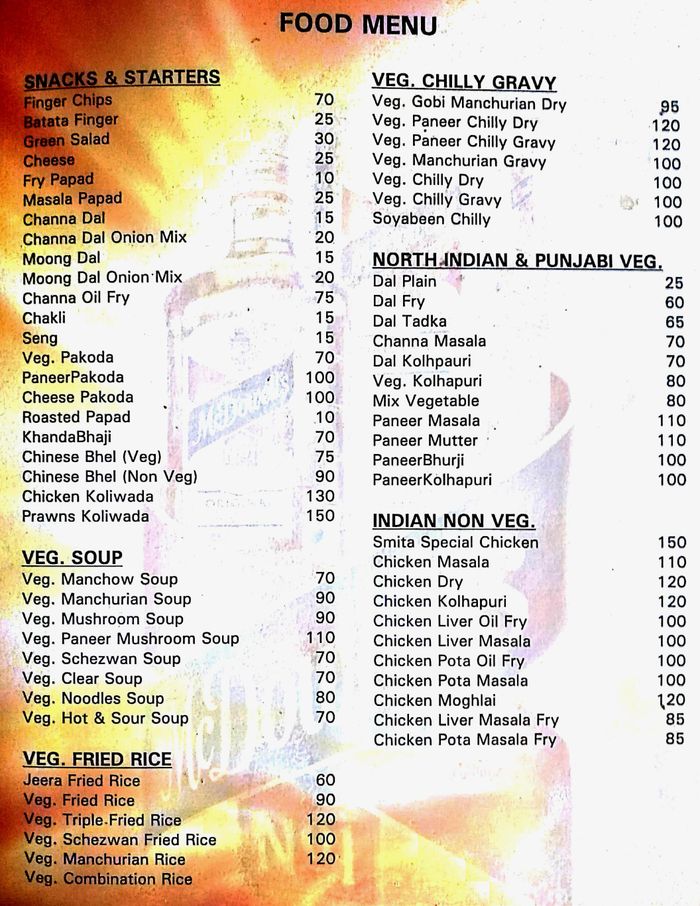 Smita Bar And Restaurant Menu and Price List for Jogeshwari East