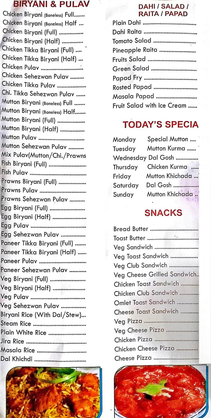 Cafe Gulshan Menu and Price List for Jogeshwari West, Mumbai