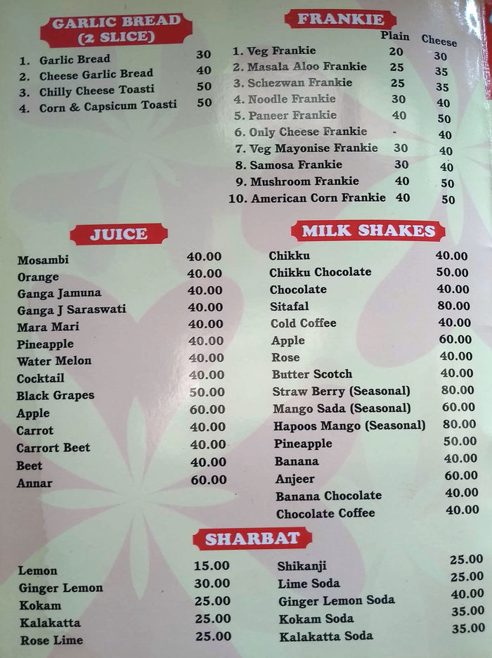 Shree Siddhivinayak Fast Food Corner Menu and Price List for Chembur, Mumbai